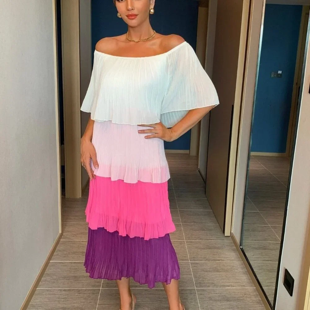 Chiffon layered Pleated Flounce off shoulder Maxi Dress - Picture 4 of 5